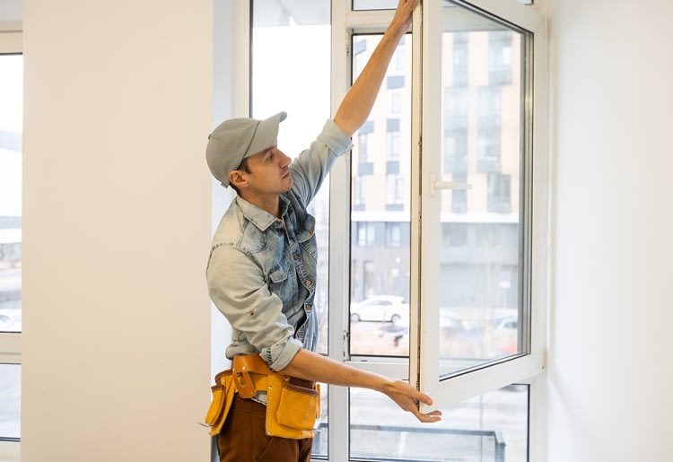Construction worker installing window
