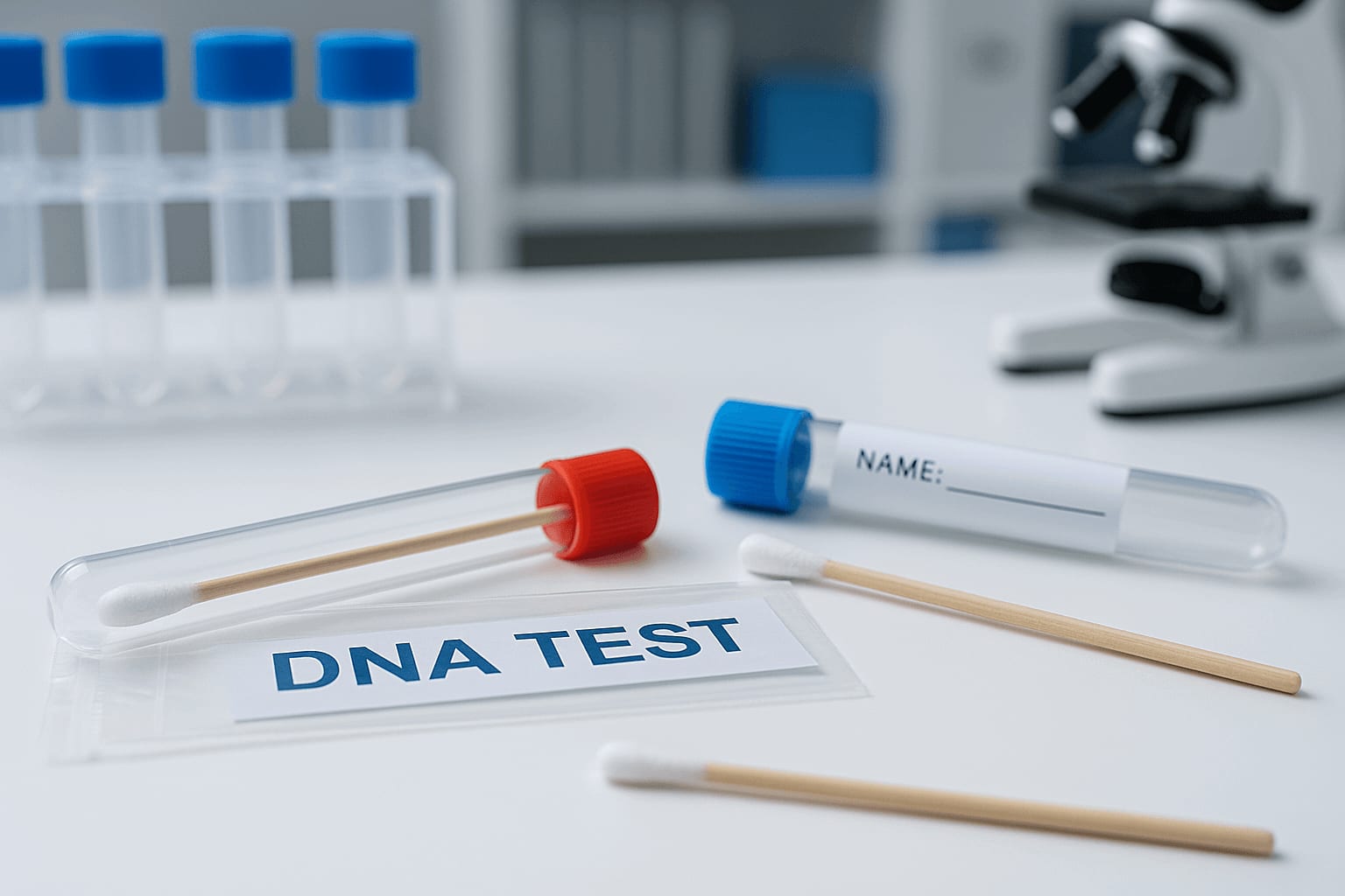 DNA testing a white table topped with test tubes and a name tag