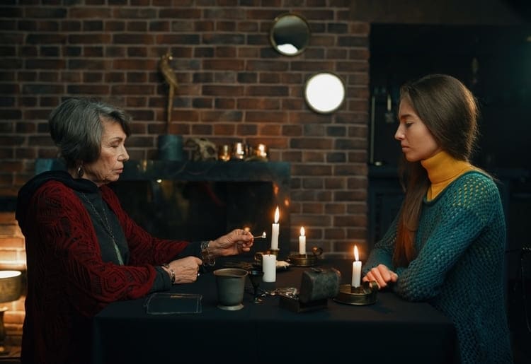 A psychic showing a woman how to communicate with the dead.