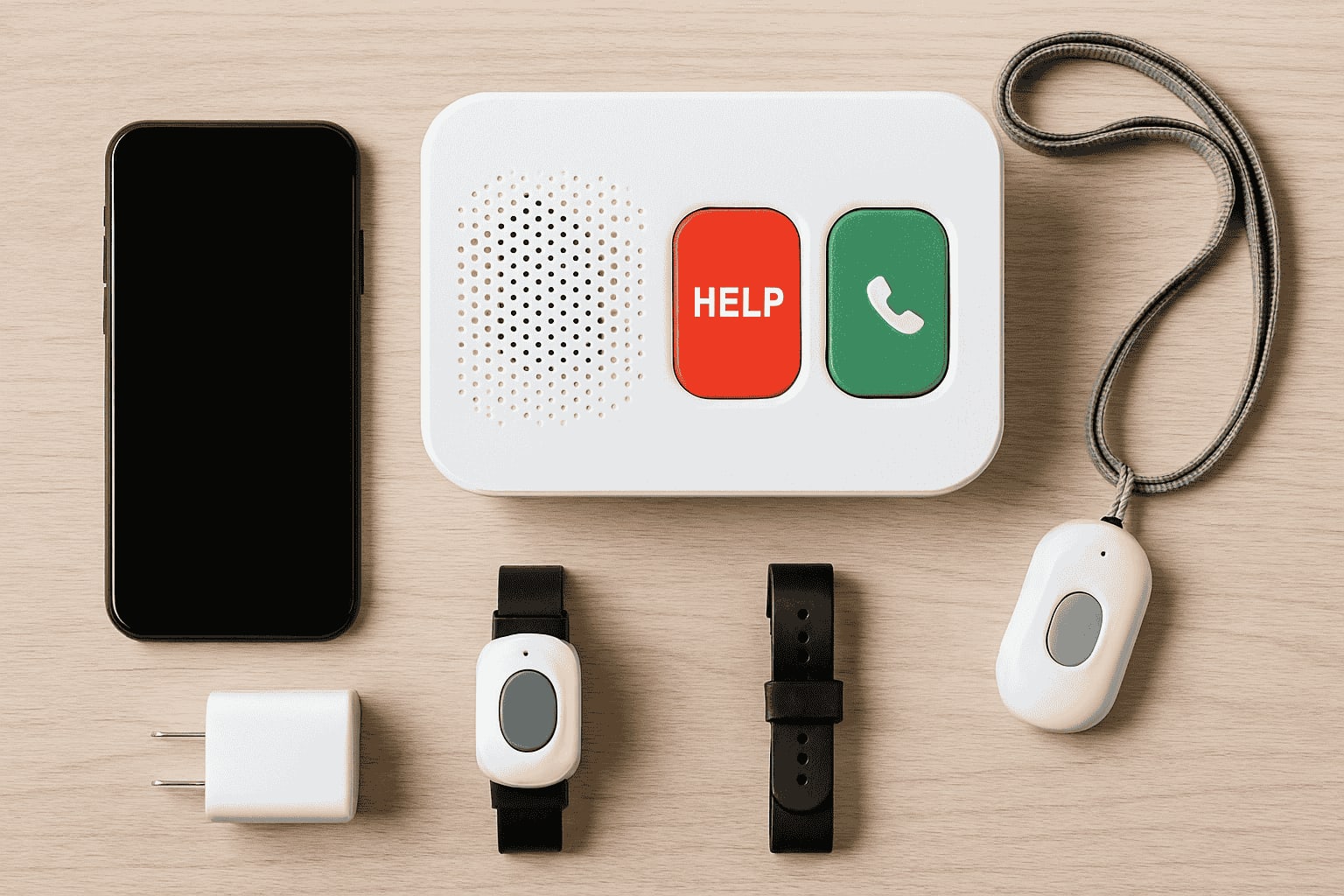 Medical Alerts a cell phone, a charger, and a charger on a table