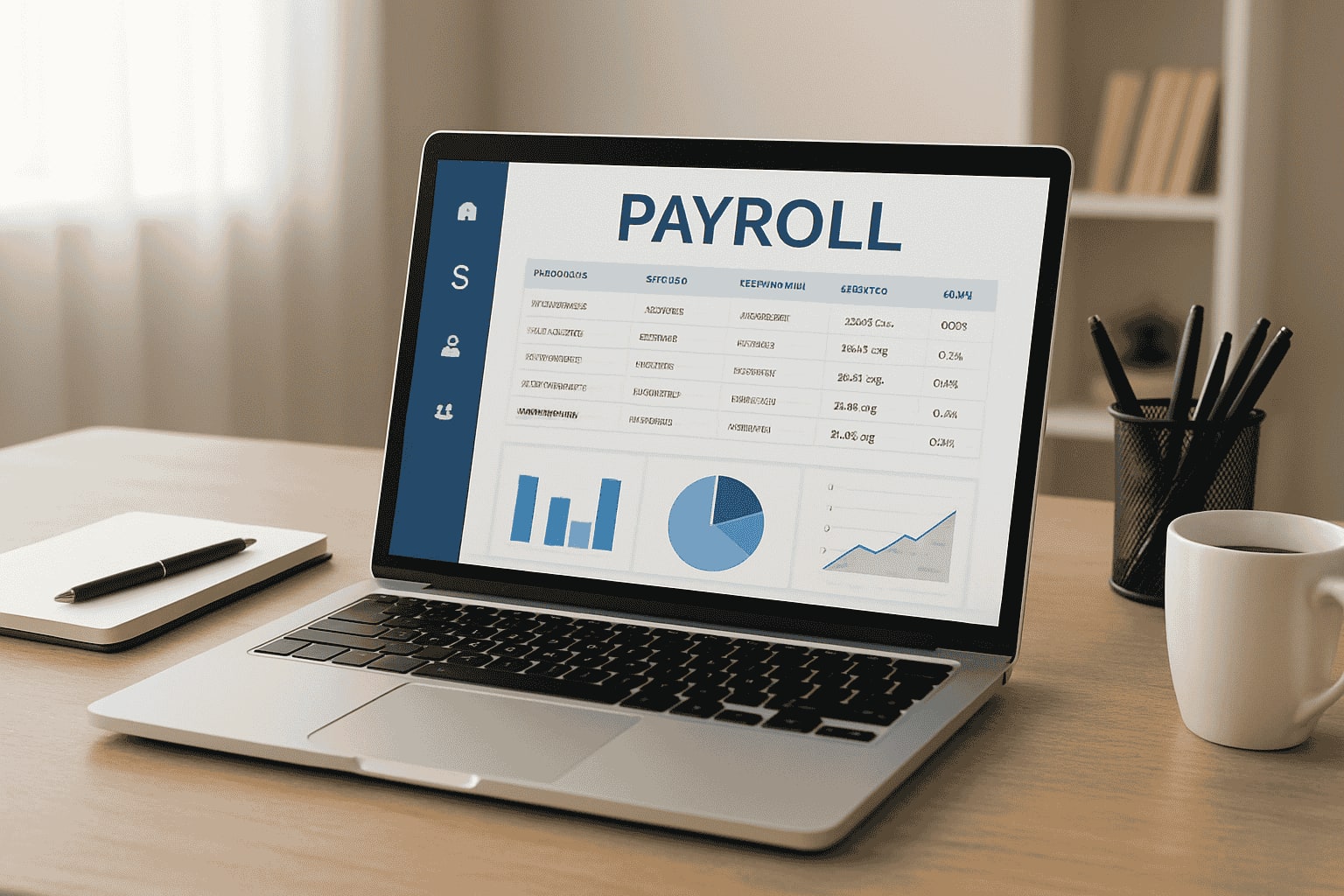 Payroll a laptop computer sitting on top of a wooden desk