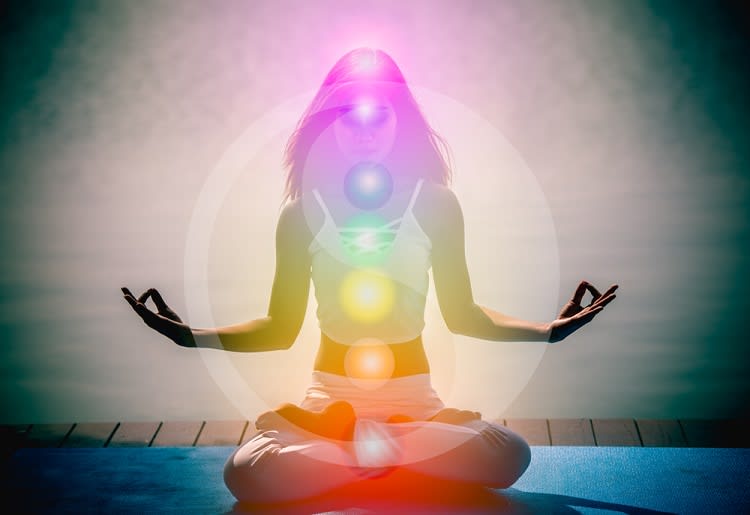 A woman sitting in the lotus pose with each chakra shown