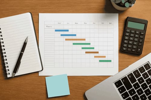a desk with a calculator, notebook, pen and a calculator