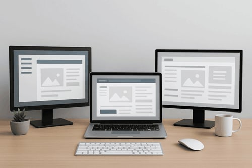 a desk with two computer monitors and a laptop