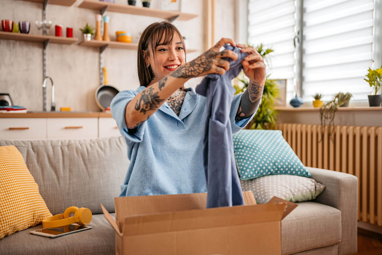A woman feeling happy and safe while online shopping 