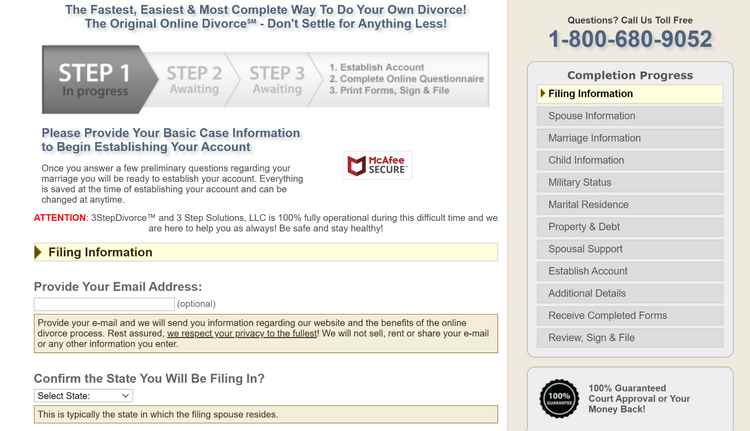 3 Steps Divorce questionnaire