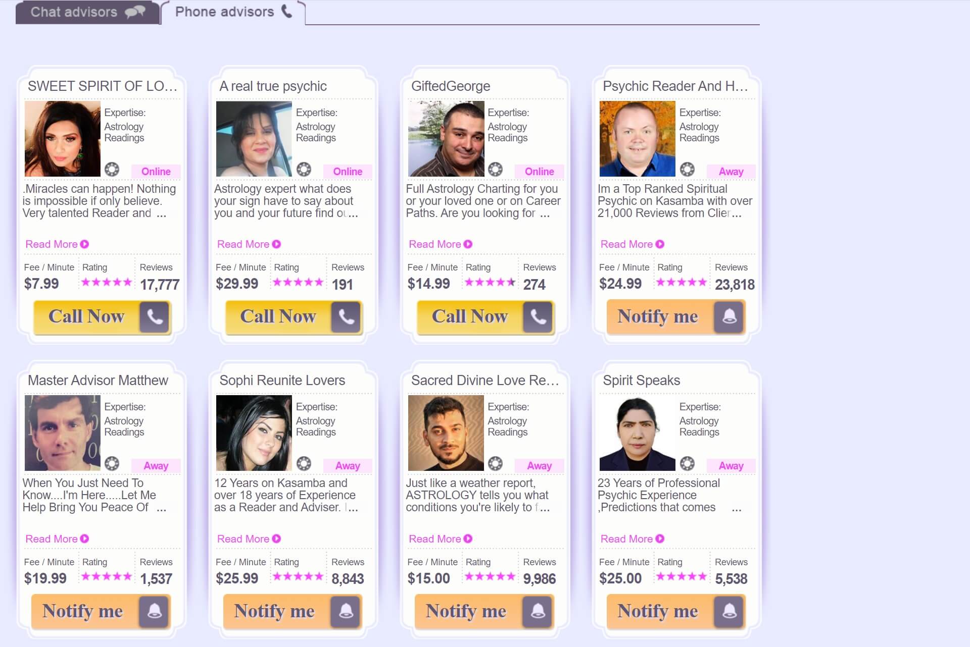 List of psychic advisors available for a call