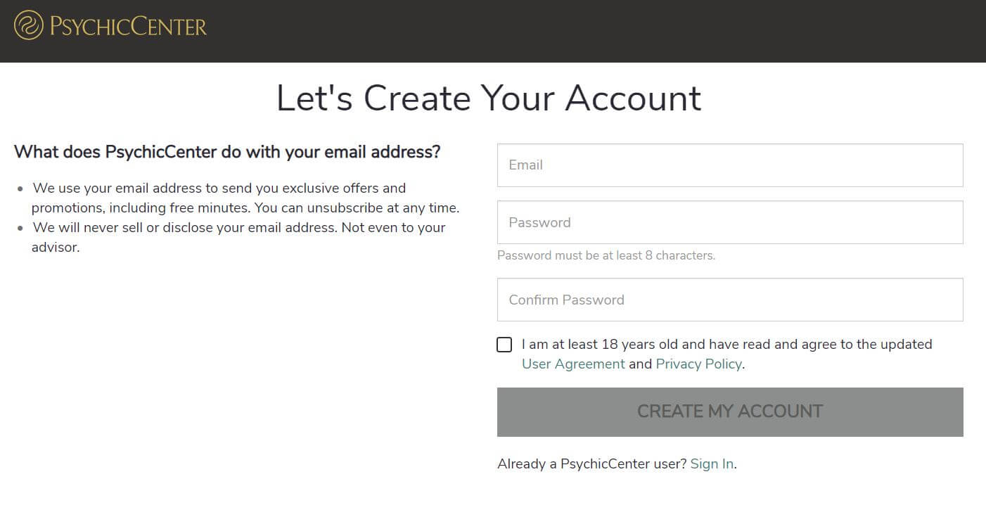 PsychicCenter signup page