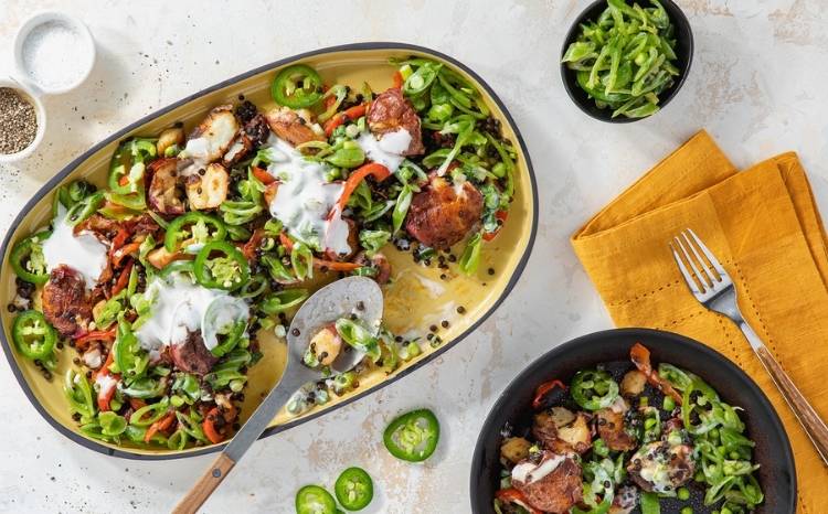 Purple Carrot Crispy Potato Skillet with Snap Pea Slaw and Scallion Sour Cream