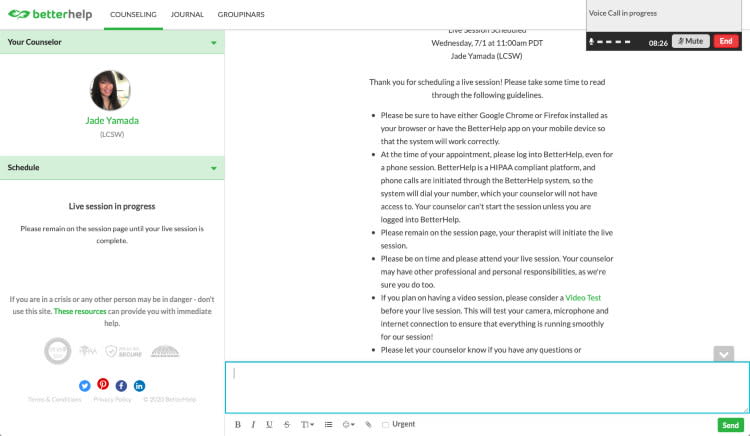 BetterHelp Call Session Screenshot