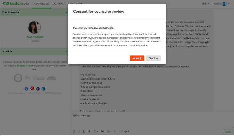 BetterHelp Counselor Disclaimer Screenshot