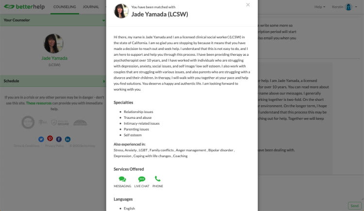 BetterHelp Counselor Jade Yamada Screenshot