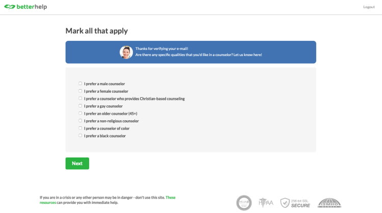 BetterHelp Online Therapy Signup Process