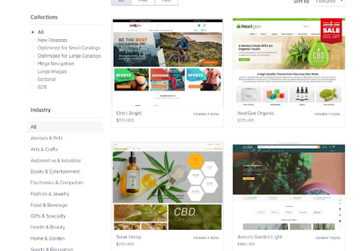 Gallery of pre-built website themes from BigCommerce