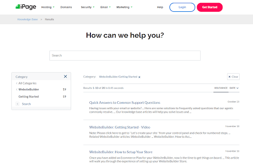 Screenshot of iPage's knowledge base
