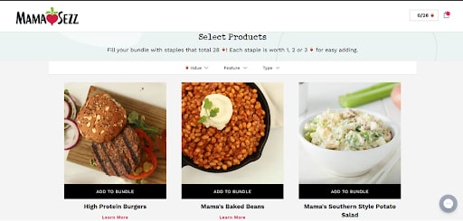 MamaSezz meal selection screen
