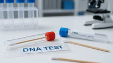 a white table topped with test tubes and a name tag
