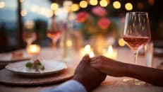 a couple holding hands at a table with a glass of wine
