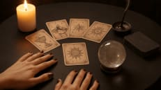 a woman's hands on a table with cards and a candle