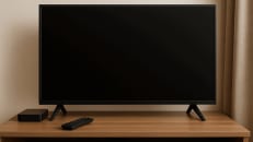 a flat screen tv sitting on top of a wooden stand