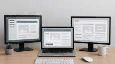 a desk with two computer monitors and a laptop