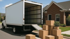 a moving truck with boxes on the back of it
