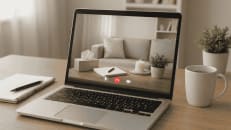 a laptop computer sitting on top of a wooden desk