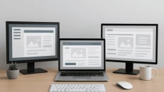 a desk with two computer monitors and a laptop