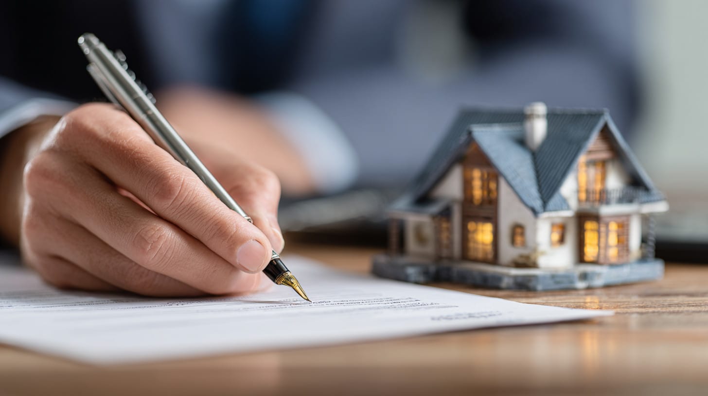 a person writing on a piece of paper with a house model in the background