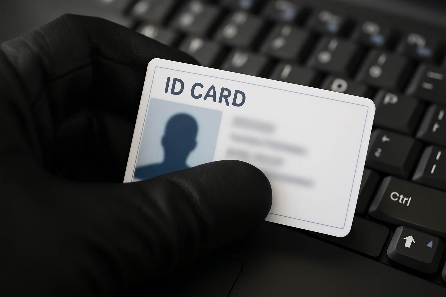 a person holding a id card in front of a keyboard
