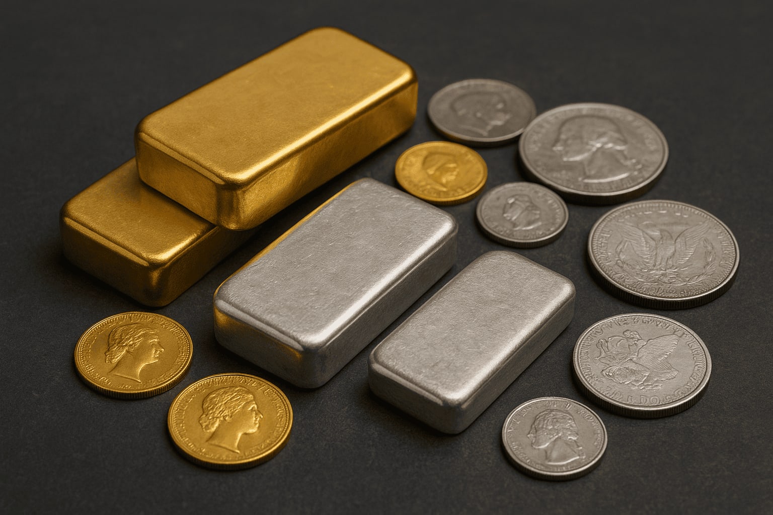 a pile of silver and gold coins and a gold bar